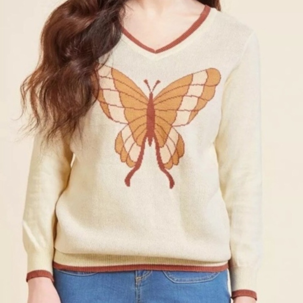 ModCloth Cream V-Neck Butterfly Sweater